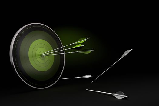 green target onto a black background with three arrows reaching their goal, and whites arrows on the floor failed to reach their objective.