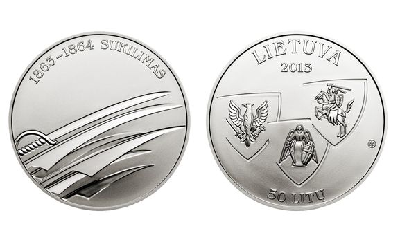 VILNIUS, LITHUANIA - CIRCA 2013:  50 litas coin dedicated to the 150th Anniversary of the 1863-1864 Uprising