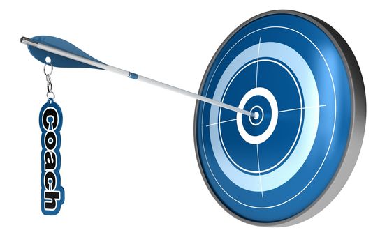 Arrow hitting the center of a target. The word coach is fixed on the arrow, the image is isolated on white background