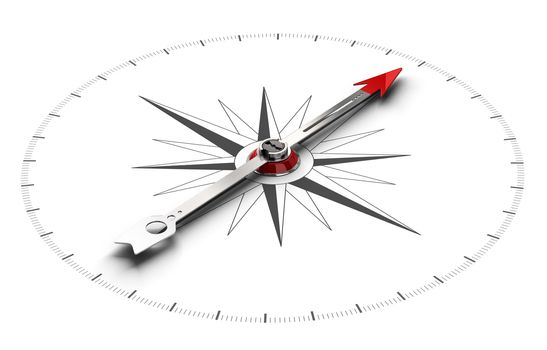 Perspective illustration of a compass over white background, symbol of orientation and good direction. 