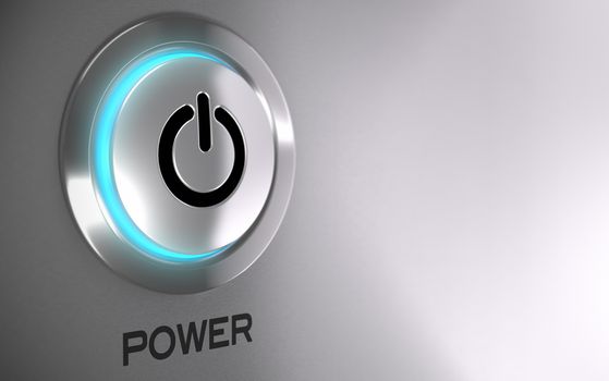 Push button with blue light and depth of field effect - 3D render concept image suitable for power energy button with copy space on the right side 