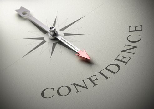 Needle of a compass pointing the word confidence, 3D render, concept image for self-confidence