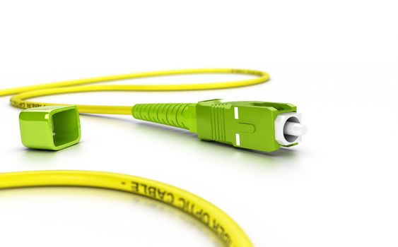 Close up of a fiber optic patchcord over white background with blur effect 