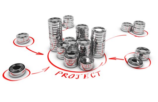 Stacks of generic coins over white background with red arrows pointing the highest pile. Conceptual 3D render for money investment or collaborative finance.