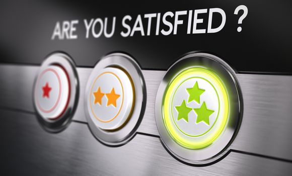 Three buttons from one to three stars with the text are you satisfied. Conceptual 3D render for customer satisfaction feedback