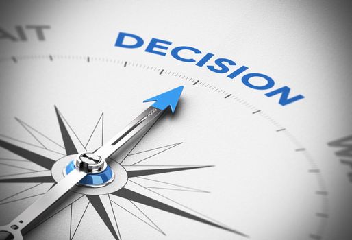 Realistic concept of decisionmaking. Compass needle pointing the blue word decision over a paper background