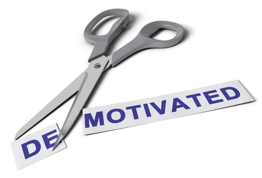 Scissors cut the word demotivated in two parts, the first one with the suffix re and the second one with the word motivated, conceptual image for motivation.