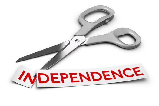 Word independence cut in two parts in and dependence. Scissors at the background 3D render over white, Concept of drug dependency disorder