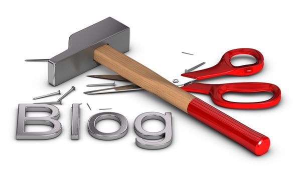 Word blog written with metal letters, one hammer and scissors and some nails over white background. Craft concept