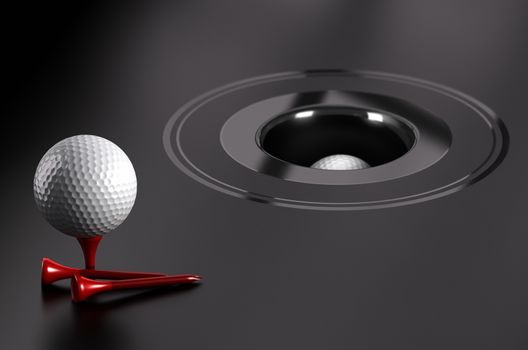 Easy success or attainable objectives. Golf ball and red tee over black background with a hole. 