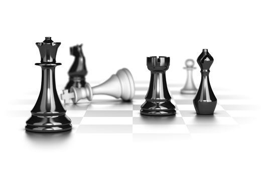 Chess game with the white king in checkmate over white background, conceptual image suitable for business strategy. 