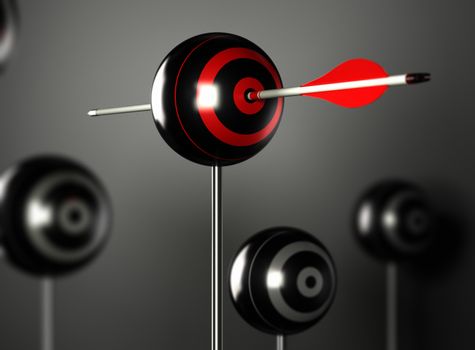 one red arrow hitting the center of a ball target with other blur targets around, black background with light effect