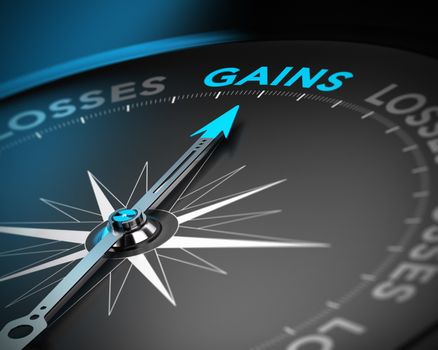 Financial consulting concept. Compass needle pointing the word gains over black background with blur effect