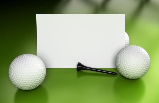 Golf sign or business card over green background with three balls and a black tee. Image suitable for communication or invitation card