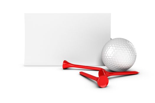 Golf sign, business card or text box over white background with one ball and three tees. Image suitable for communication or invitation card