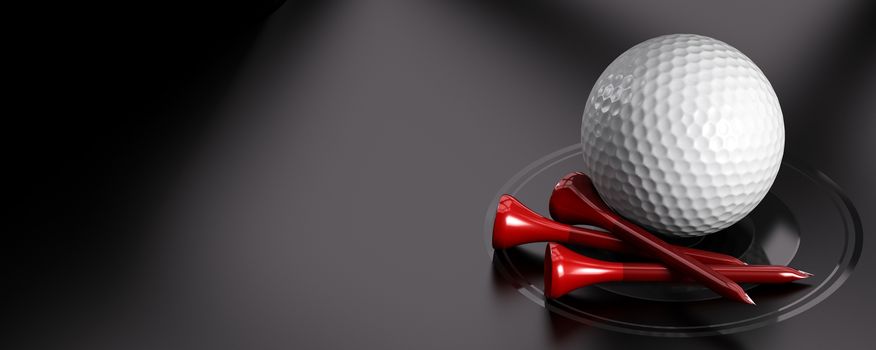 Golf ball and red tee over black background with copy space on the left. Image suitable for an invitation card for golfing