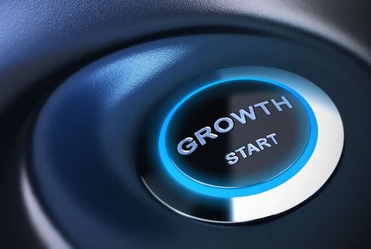 Growth start button, blue tones. 3D render suitable for restarting economy concept.