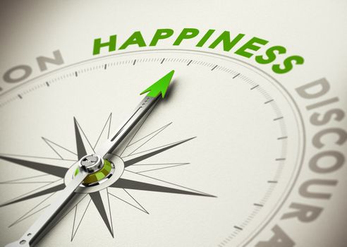 Compass needle pointing the word happiness concept of well-beign and motivation