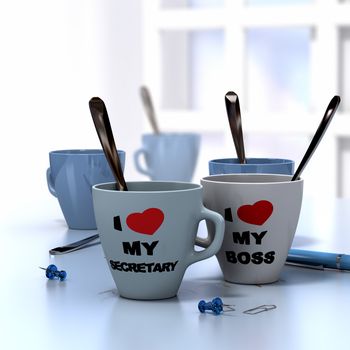 Romantic workplace relationship concept consisting of two mugs where it is written I love My secretary and my boss