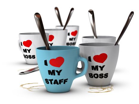 Many mugs where it is written I love my staff and my boss, symbol of staff relations and motivation in workplace.