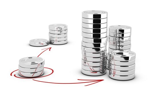 Stack of generic coins over white background with arrows pointing the highest pile. Conceptual image for money investment