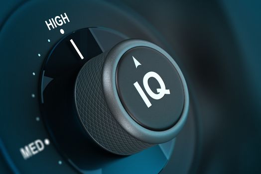 IQ button pointing on hith level, 3d render image vith blue tones and blur effect