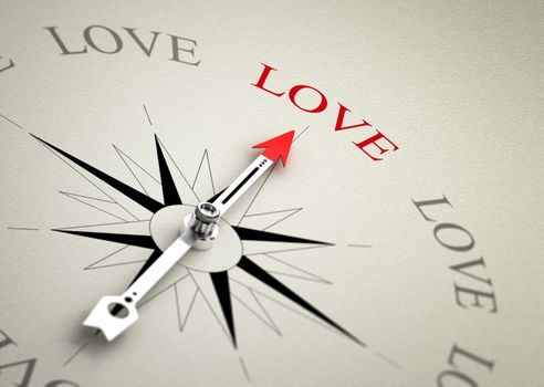 Compass with arrow pointing to the word love. 3D render image suitable for love coaching or couselling concept, 3D render with depth of field effect 