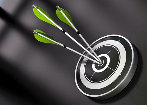 3 gren arrows hitting the center of a black target, concept of partnership over a black background