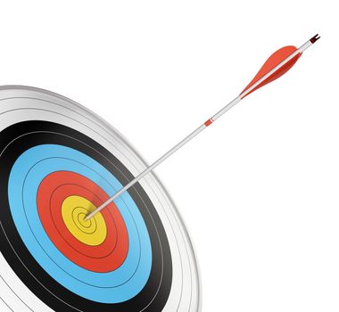 official competition target with a red arrow hitting the center. Angle of page, 3d render isolated over white background.