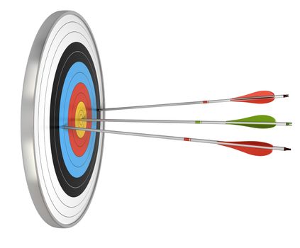 target and three arrows, the green one hit the center and the red ones failed to reach they goals. target isolated over a white background