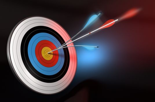 one blue arrow splitted with a red arrow hitting the center of a target, 3d render over black, blue and red background