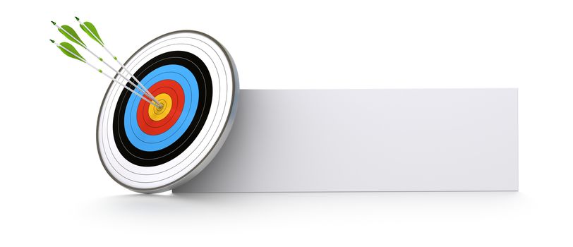 one target and three green arrows hitting the center of the bull's eye. There is a banner for advertising or communication space. white background