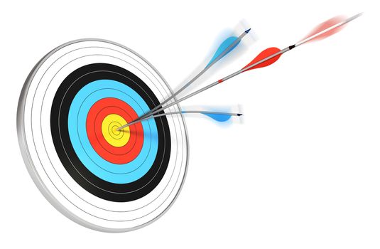 one blue arrow splitted with a red arrow hitting the center of a target, 3d render over white background