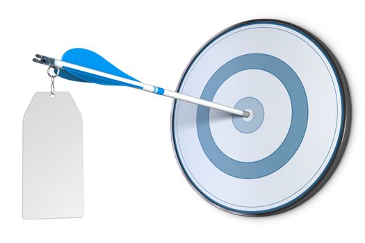 One arrow hit the center of a blue target, a blank sign is fixed at the extremity of the arrow, 3D image dedicated for business communication or advertising purpose. White background.