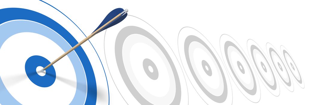blue arrow, hitting the center of blue target with grey targets at the background