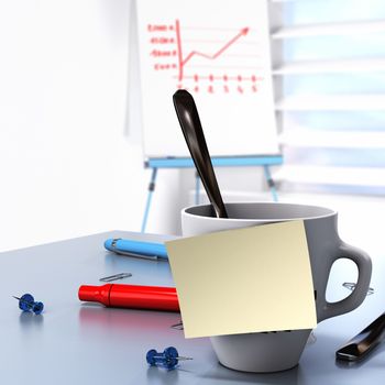One mug with a blank yellow note fixed on it and a flipchart at the background conceptual image for Business communication