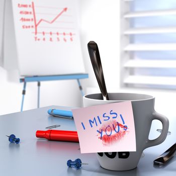 Romantic workplace relationship concept consisting of one mug and a note where it is written I miss you and a flipchart with growing chart.