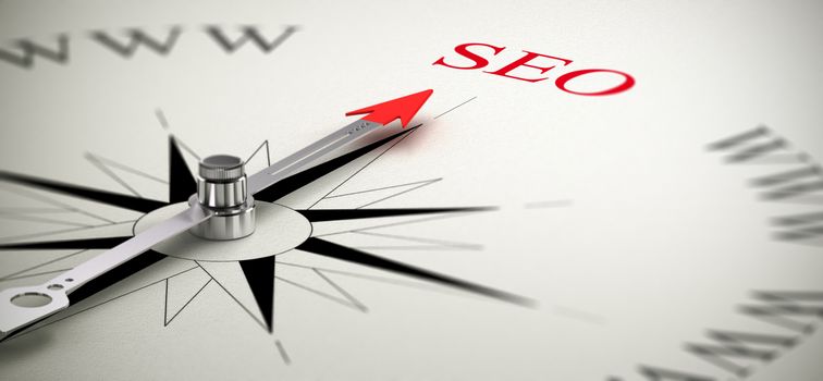 Compass with the needle pointing the word SEO, Search Engine Optimization concept image.
