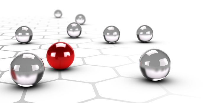 One red ball over a grey network with honeycomb structure design, White background, networking and difference concept