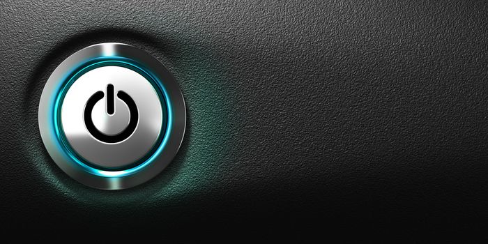 pushed power button of a computer with blue light, black background with free space for text, horizontal banner format