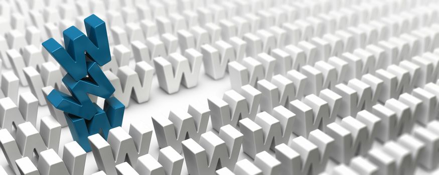Stack of letter w forming a www tower in the middle of a crowd of letters, image suitable for internet strategy, 3D render