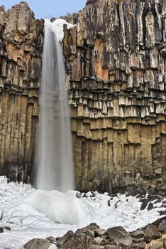 Svartifoss surrounded by basalt columns, Skaftafell National Park, Iceland Winter
