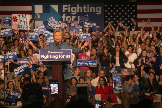 UNITED STATES, West Palm Beach: Democratic presidential candidate former Secretary of State Hillary Clinton speaks during her primary night gathering on March 15, 2016 in West Palm Beach, Florida. Hillary Clinton defeated rival U.S. Sen. Bernie Sanders in the Florida, Ohio and North Carolina primaries.
