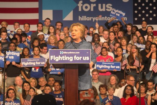 UNITED STATES, West Palm Beach: Democratic presidential candidate former Secretary of State Hillary Clinton speaks during her primary night gathering on March 15, 2016 in West Palm Beach, Florida. Hillary Clinton defeated rival U.S. Sen. Bernie Sanders in the Florida, Ohio and North Carolina primaries.