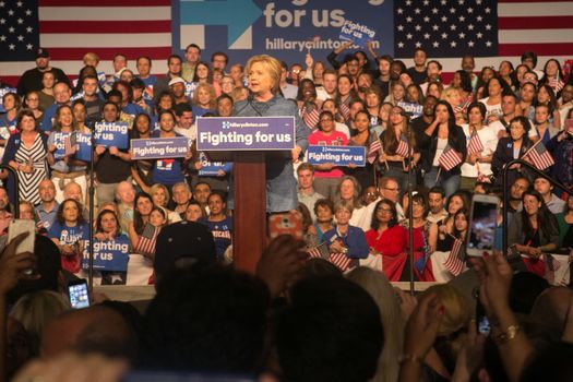 UNITED STATES, West Palm Beach: Democratic presidential candidate former Secretary of State Hillary Clinton speaks during her primary night gathering on March 15, 2016 in West Palm Beach, Florida. Hillary Clinton defeated rival U.S. Sen. Bernie Sanders in the Florida, Ohio and North Carolina primaries.