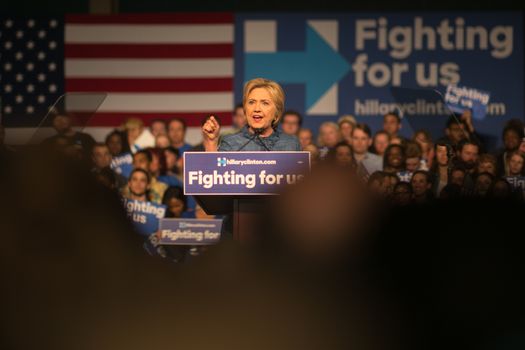 UNITED STATES, West Palm Beach: Democratic presidential candidate former Secretary of State Hillary Clinton speaks during her primary night gathering on March 15, 2016 in West Palm Beach, Florida. Hillary Clinton defeated rival U.S. Sen. Bernie Sanders in the Florida, Ohio and North Carolina primaries.