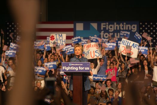 UNITED STATES, West Palm Beach: Democratic presidential candidate former Secretary of State Hillary Clinton speaks during her primary night gathering on March 15, 2016 in West Palm Beach, Florida. Hillary Clinton defeated rival U.S. Sen. Bernie Sanders in the Florida, Ohio and North Carolina primaries.