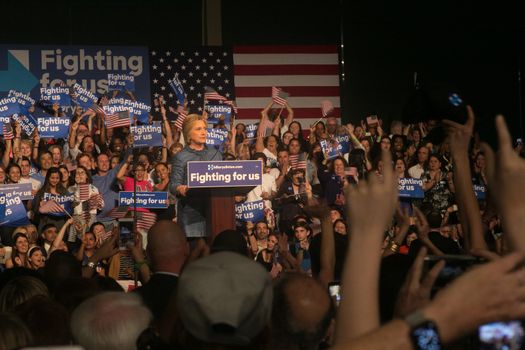 UNITED STATES, West Palm Beach: Democratic presidential candidate former Secretary of State Hillary Clinton speaks during her primary night gathering on March 15, 2016 in West Palm Beach, Florida. Hillary Clinton defeated rival U.S. Sen. Bernie Sanders in the Florida, Ohio and North Carolina primaries.