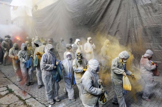 GREECE, Galaxidi: People march in Galaxidi on their way to the annual flour battle on March 14, 2016. The battle takes place every year on 'Clean Monday', which marks the beginning of the Christian lent festival.The coastal town has observed this festive event which dates back to the mid 19th century. 