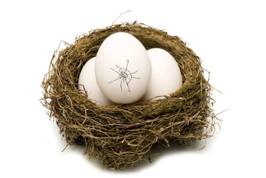 Broken egg in a nest.  The concept of the 'odd one in the group' or ' standing out from the group' or there is always one 'weird one' in the family